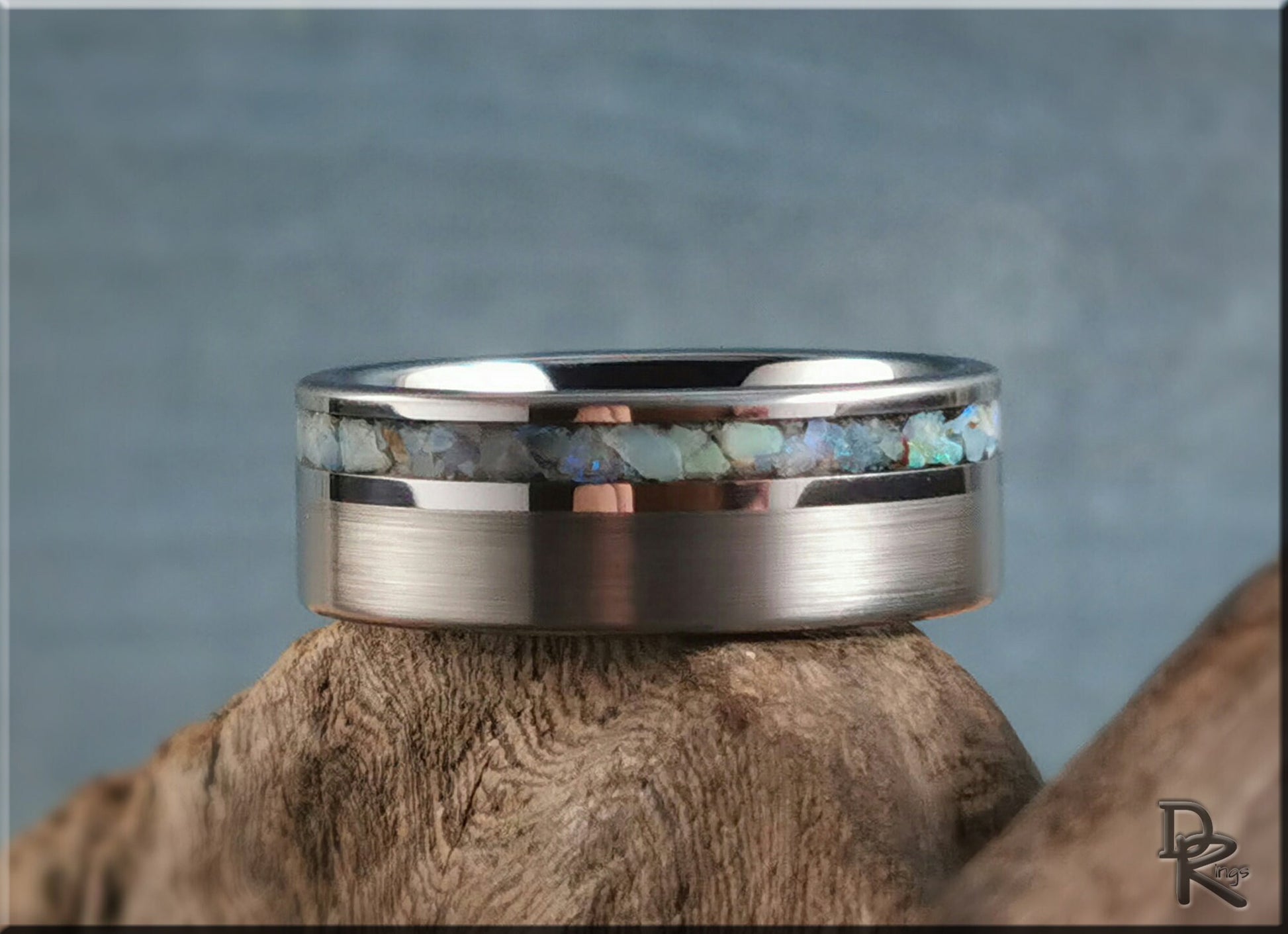 Hammered Tungsten Carbide Channel Ring w/offset Australian Cream Opal inlay - metal ring