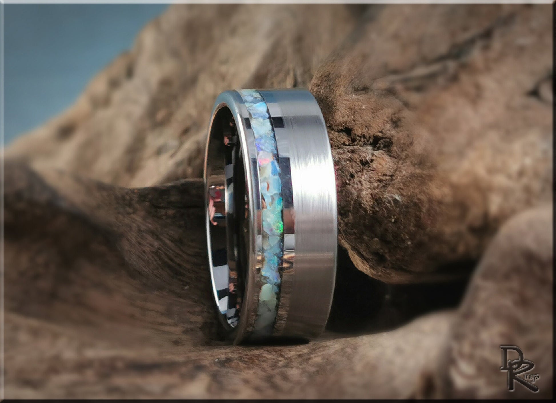 Hammered Tungsten Carbide Channel Ring w/offset Australian Cream Opal inlay - metal ring