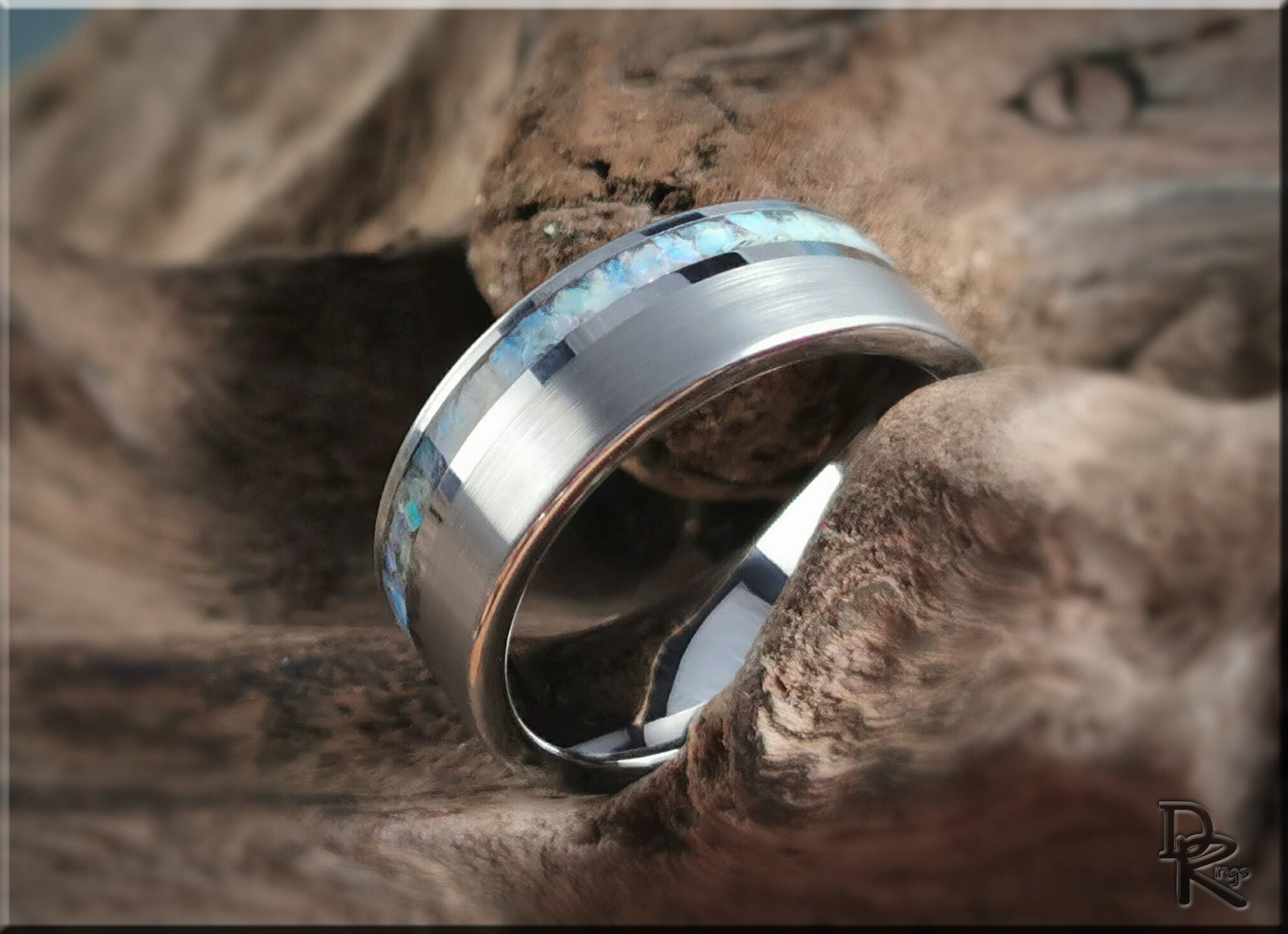 Hammered Tungsten Carbide Channel Ring w/offset Australian Cream Opal inlay - metal ring