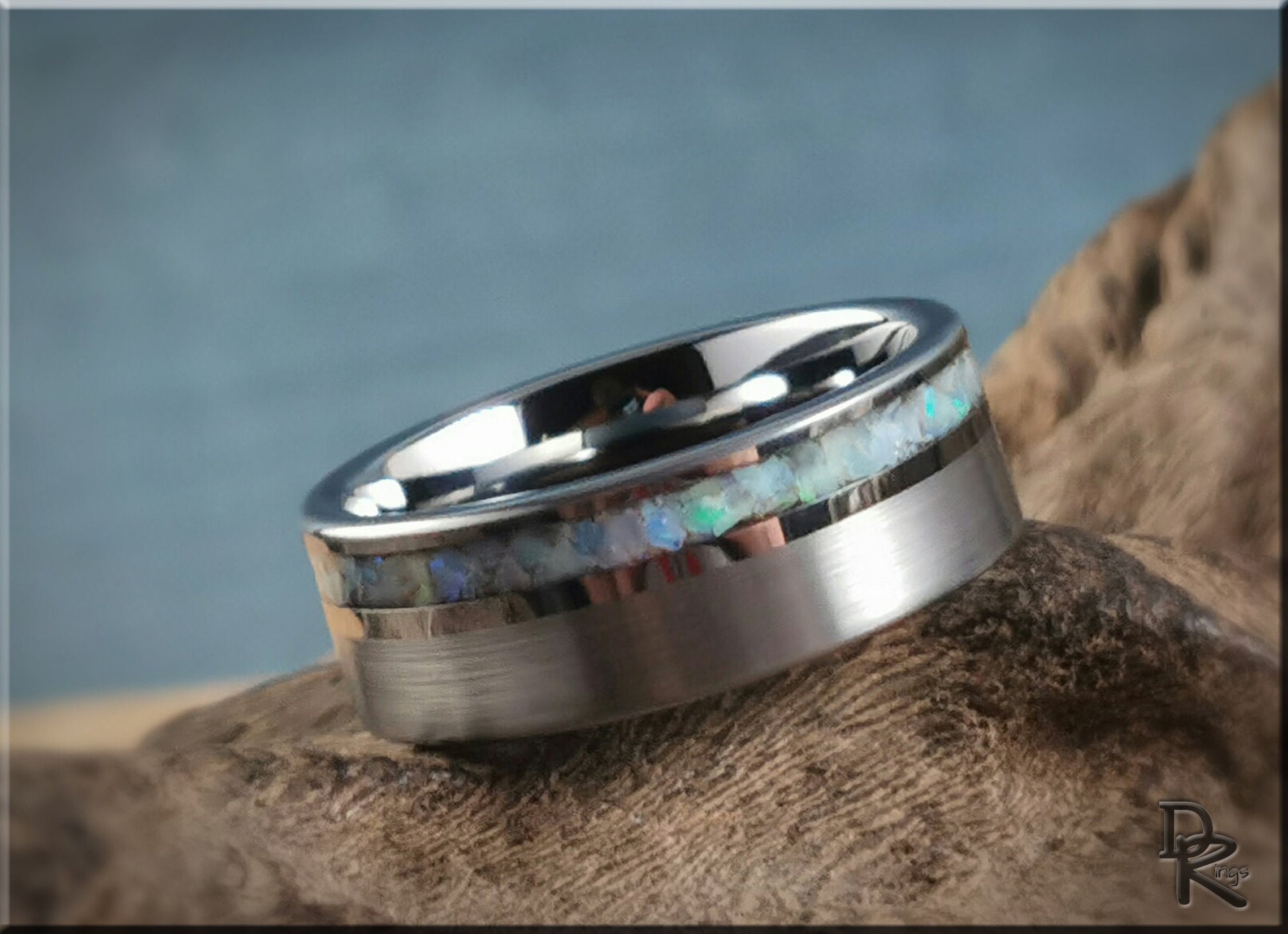 Hammered Tungsten Carbide Channel Ring w/offset Australian Cream Opal inlay - metal ring