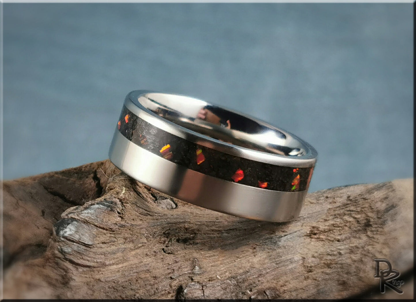 Titanium 8mm Channel Ring w/offset Icelandic Lava and Opal inlay - metal ring