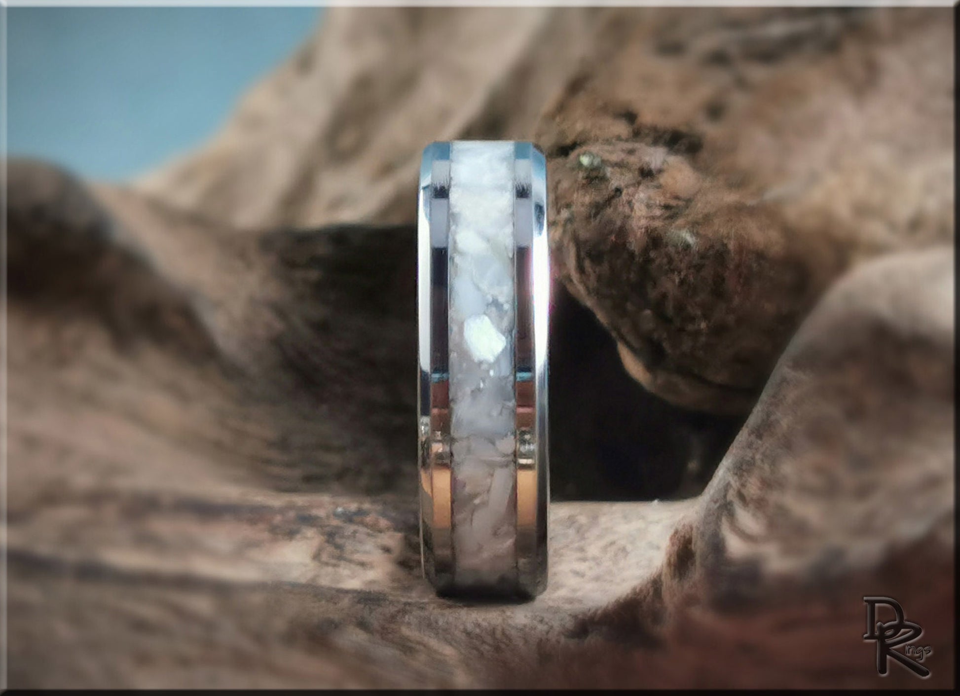 Tungsten Carbide Channel Ring w/White Mother of Pearl inlay - metal ring