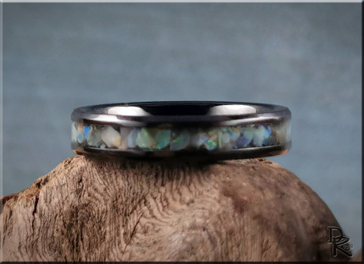 Polished 4mm Black Ceramic Channel Ring w/Australian Cream Opal inlay - ceramic ring