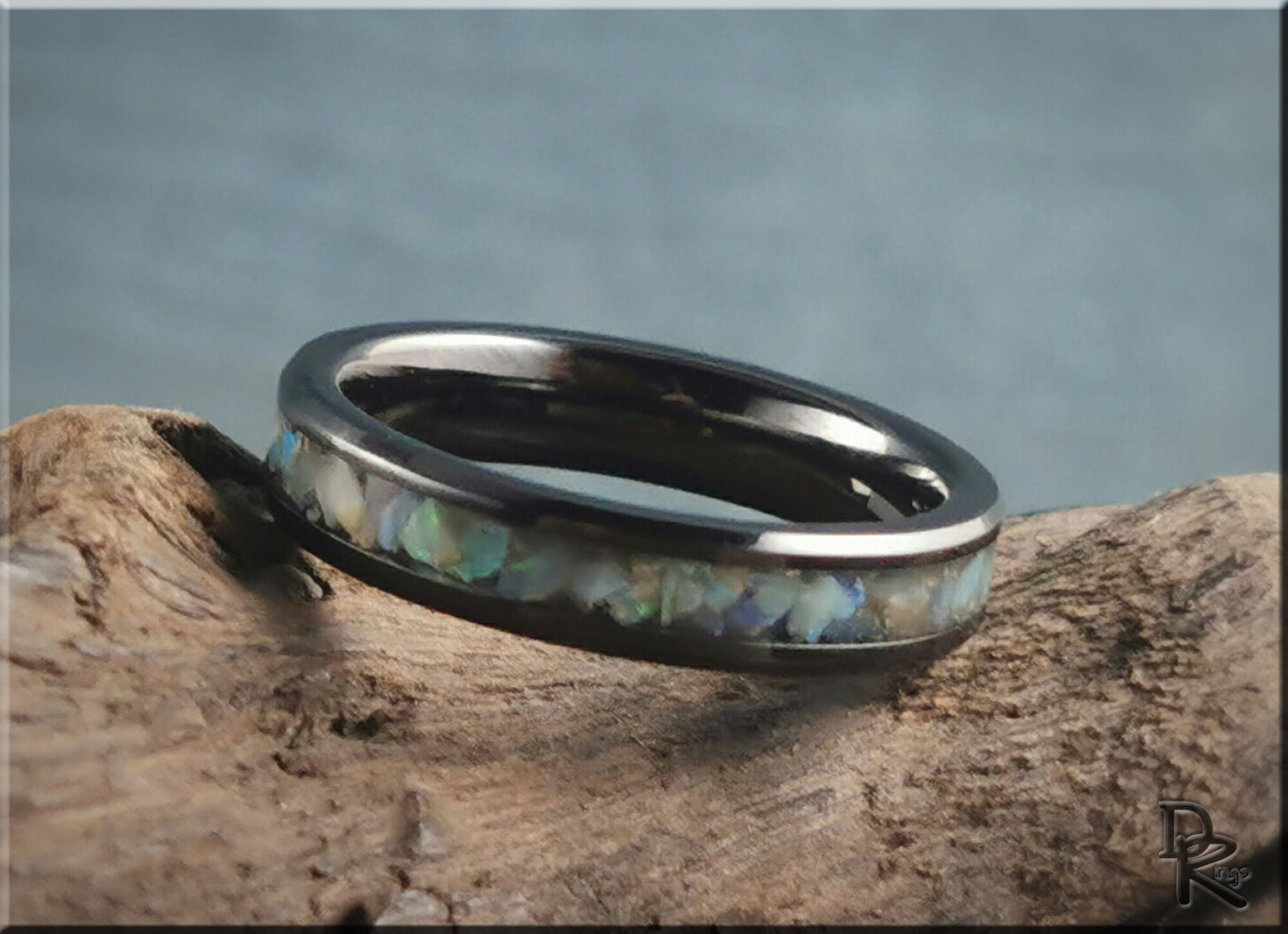 Polished 4mm Black Ceramic Channel Ring w/Australian Cream Opal inlay - ceramic ring