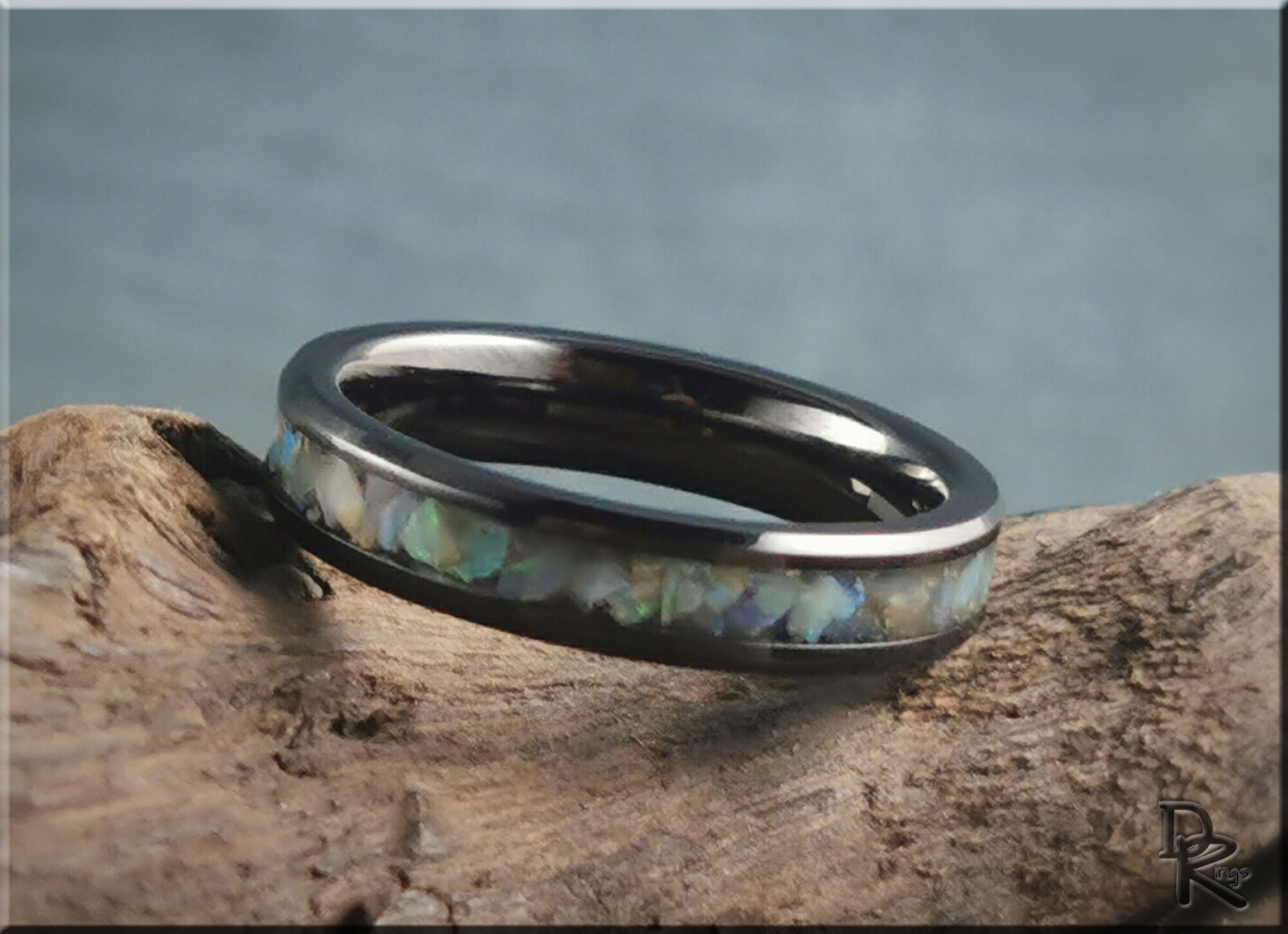 Polished 4mm Black Ceramic Channel Ring w/Australian Cream Opal inlay - ceramic ring