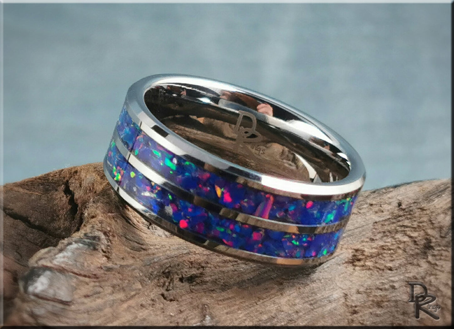 Dual Channel Tungsten Carbide Ring w/Opal inlay - metal ring