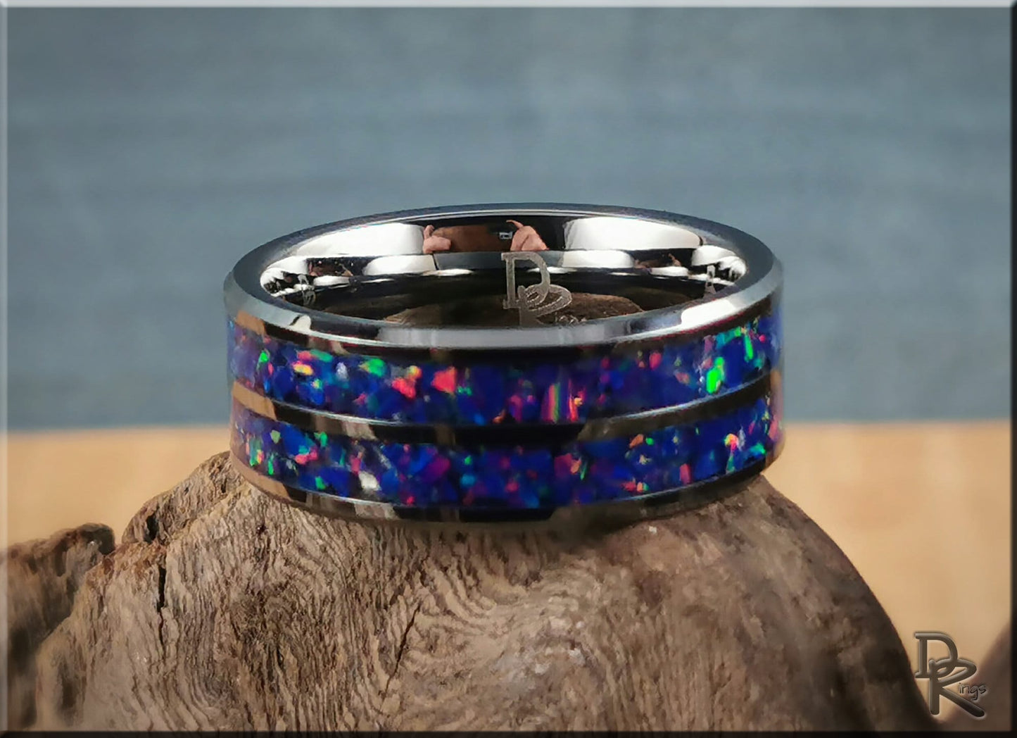 Dual Channel Tungsten Carbide Ring w/Opal inlay - metal ring
