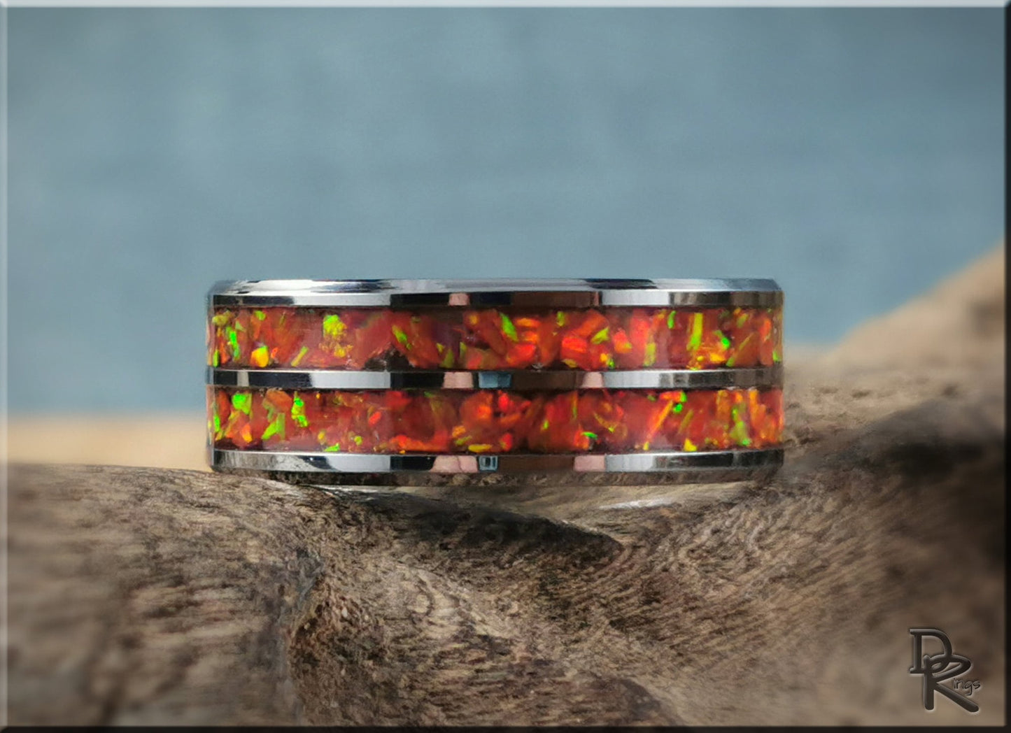 Dual Channel Tungsten Carbide Ring w/Opal inlay - metal ring