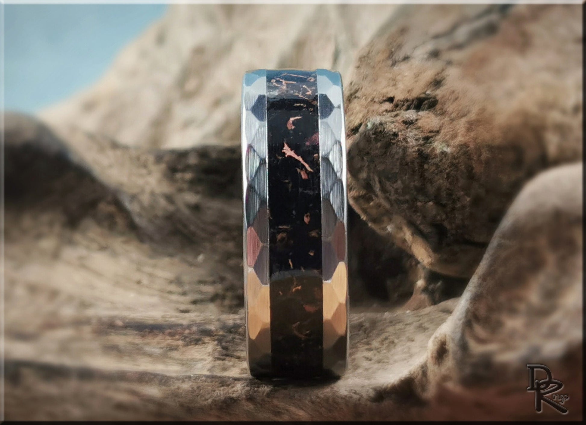 Hammered Tungsten Carbide Ring with TruStone inlay - 8mm metal ring