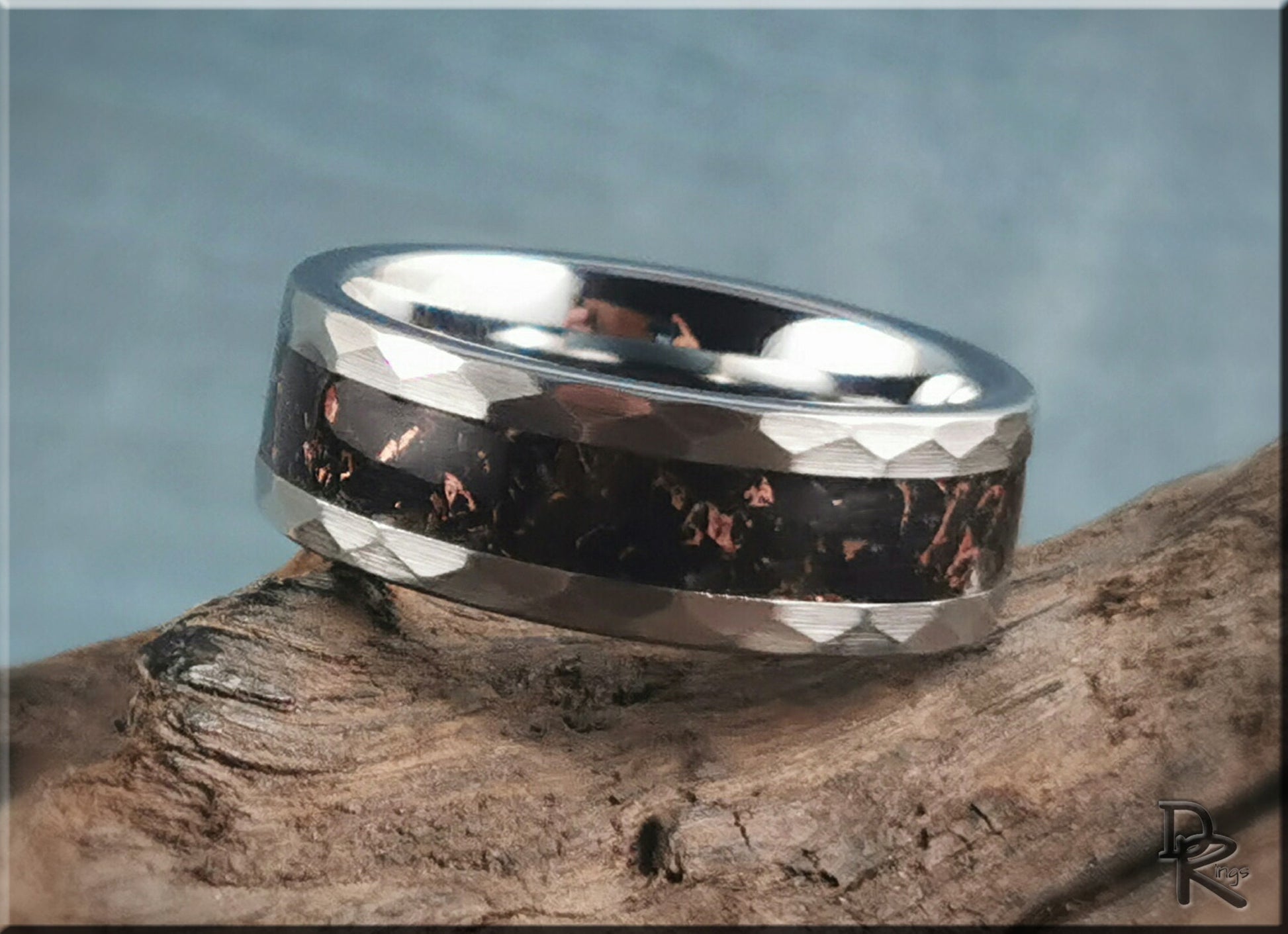 Hammered Tungsten Carbide Ring with TruStone inlay - 8mm metal ring