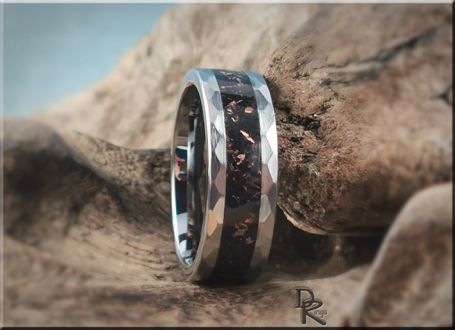 Hammered Tungsten Carbide Ring with TruStone inlay - 8mm metal ring