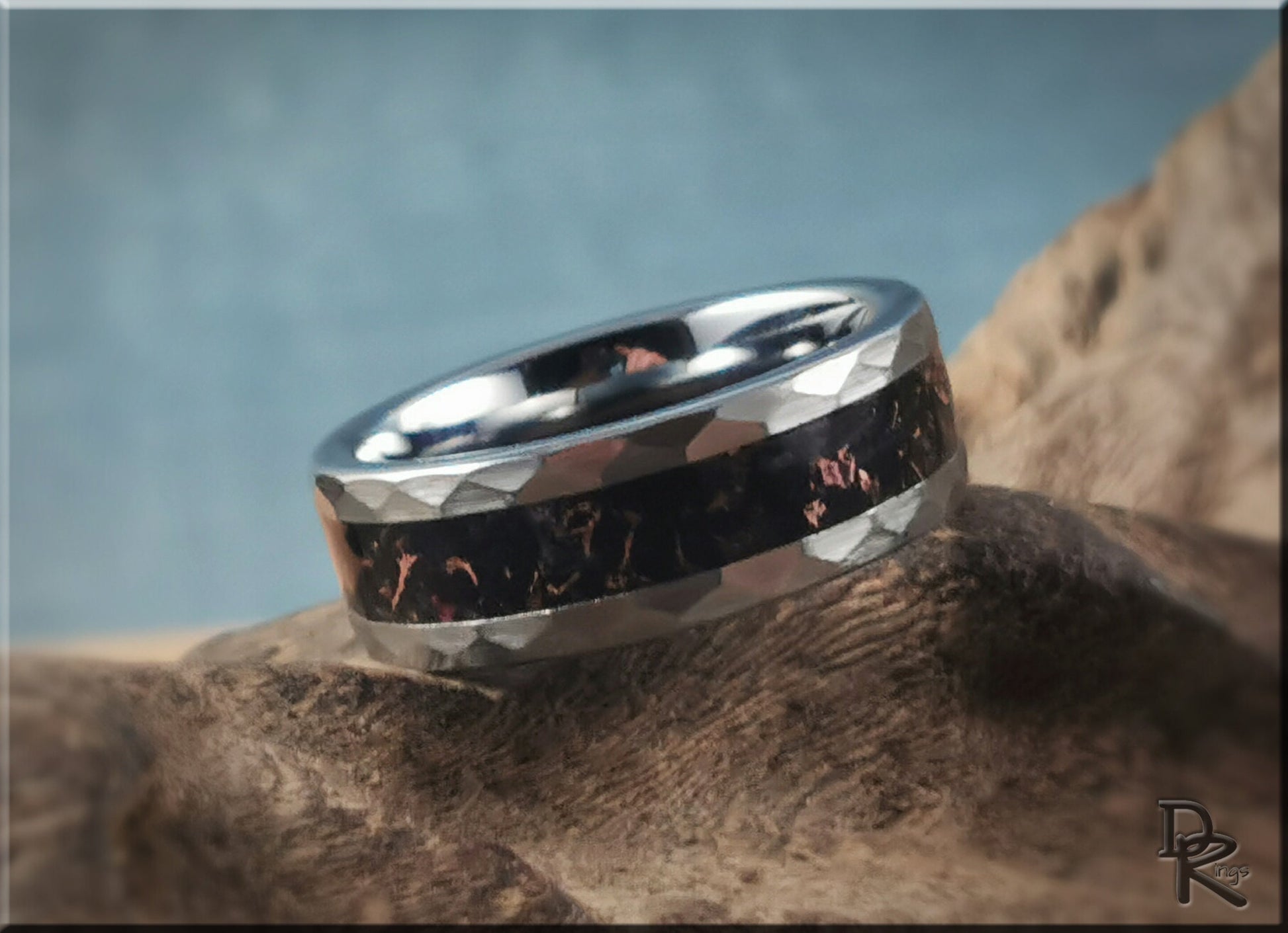 Hammered Tungsten Carbide Ring with TruStone inlay - 8mm metal ring