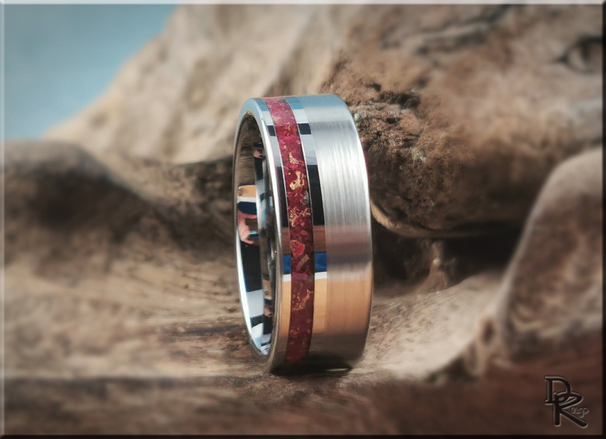 Tungsten Carbide Ring w/offset TruStone inlay - 8mm metal ring