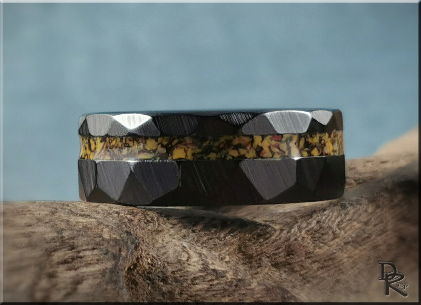 Hammered Black Ceramic Ring w/offset TruStone inlay - 8mm ceramic ring
