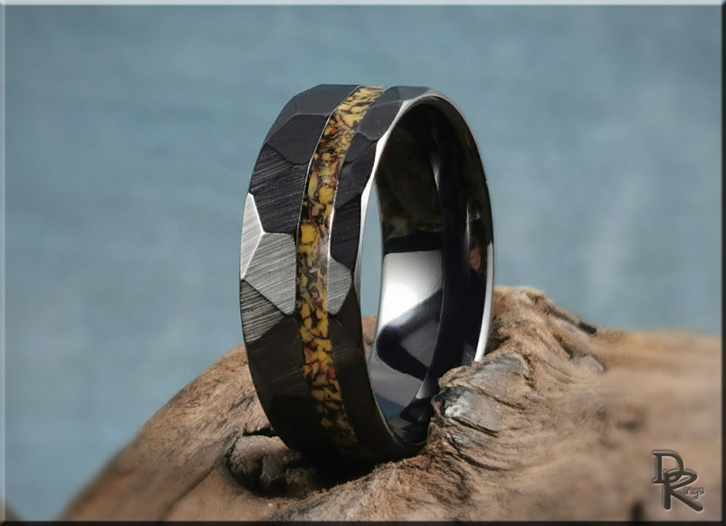 Hammered Black Ceramic Ring w/offset TruStone inlay - 8mm ceramic ring