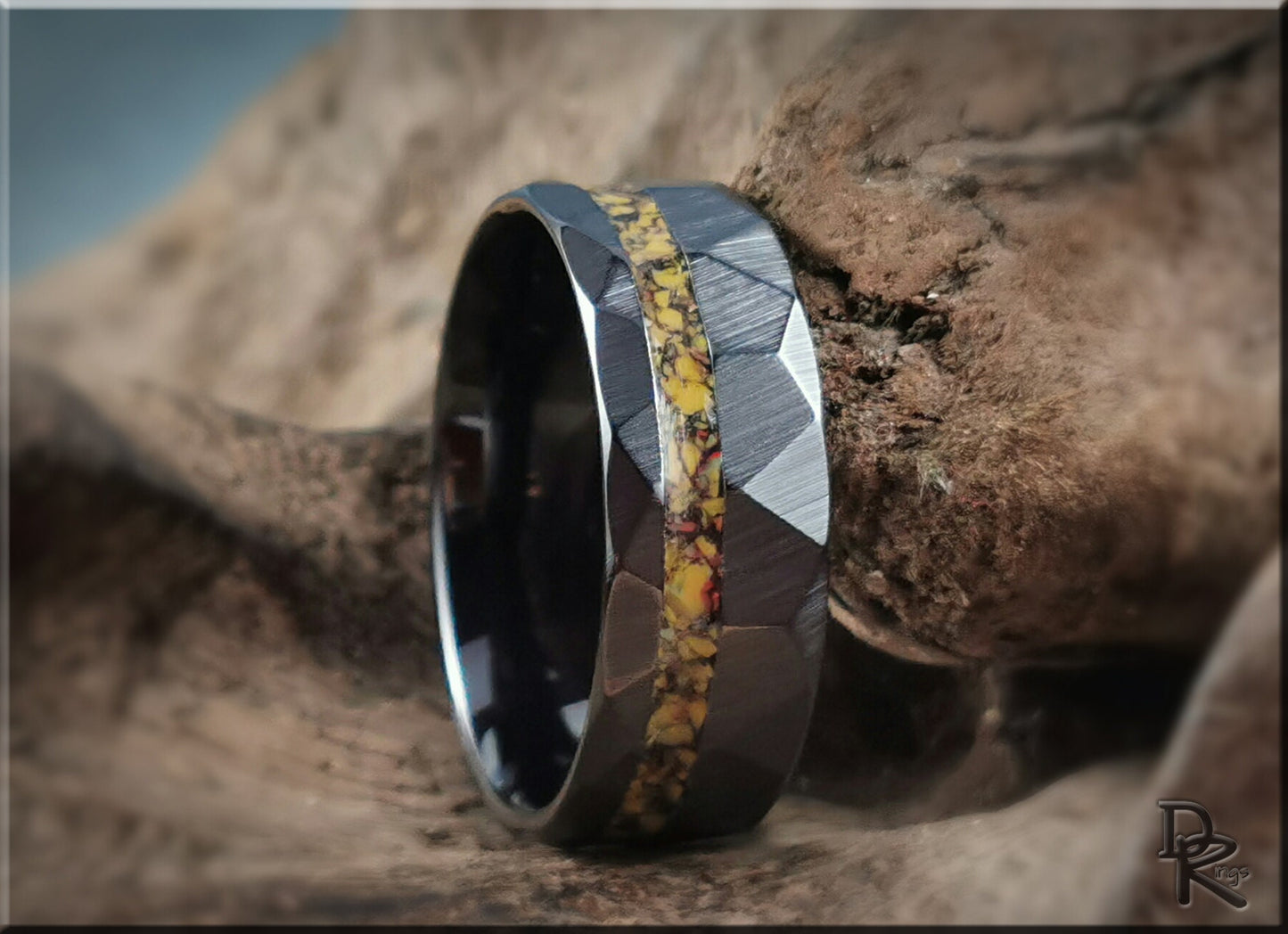 Hammered Black Ceramic Ring w/offset TruStone inlay - 8mm ceramic ring