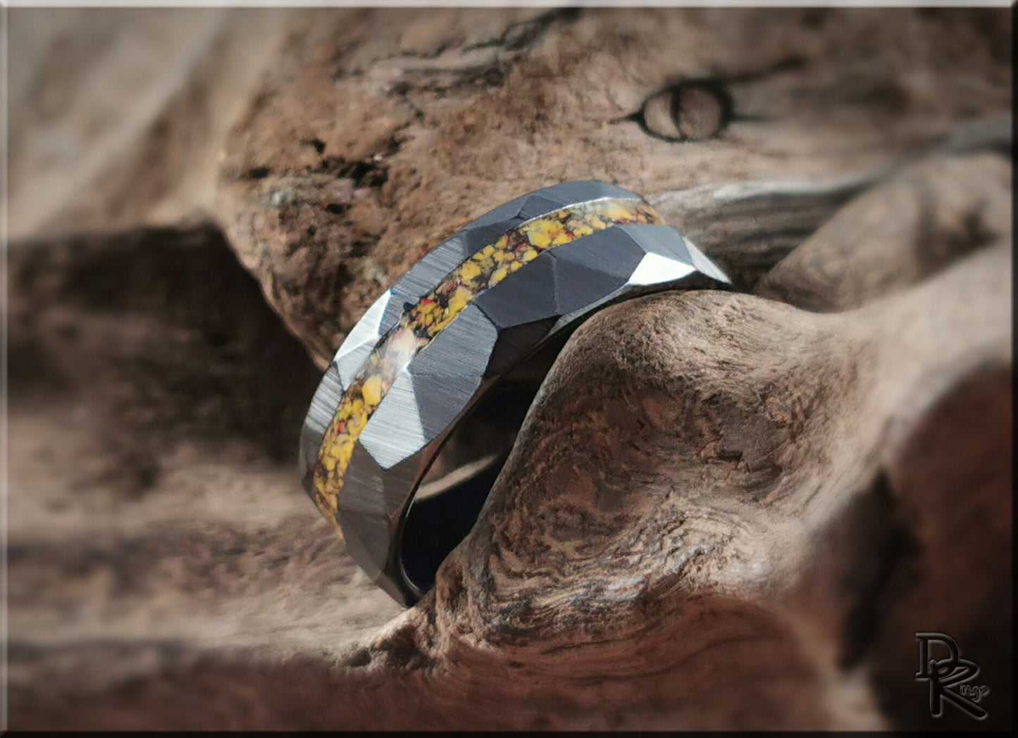 Hammered Black Ceramic Ring w/offset TruStone inlay - 8mm ceramic ring
