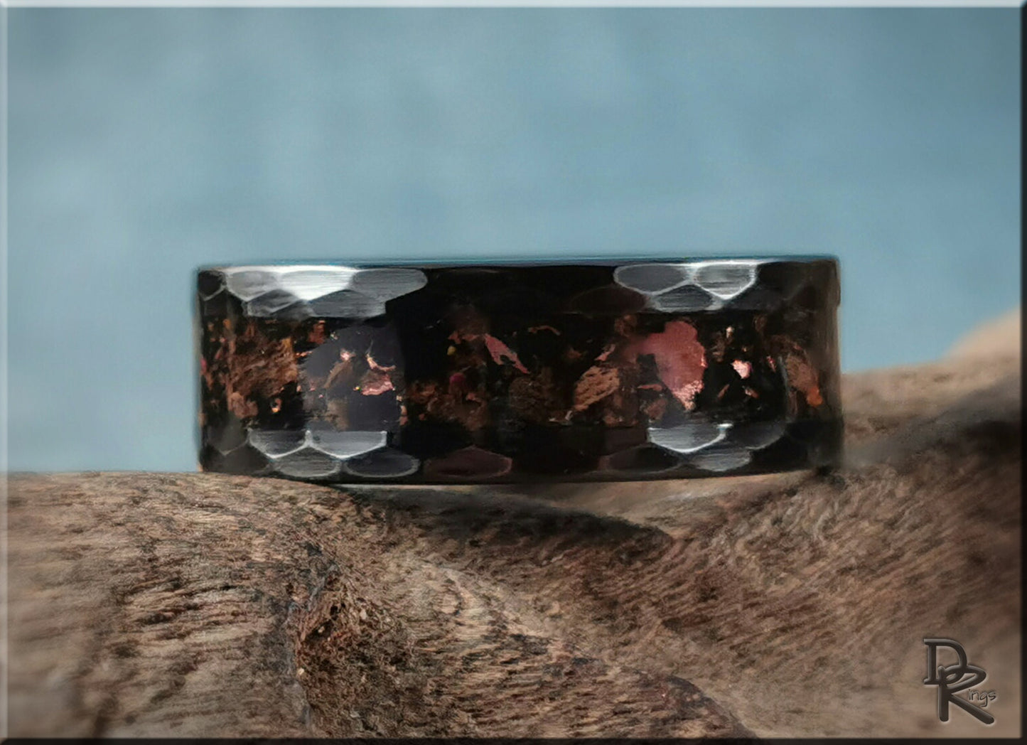 Hammered Black Ceramic Ring w/TruStone and Duckbilled Dino Bone inlay - 8mm ceramic ring