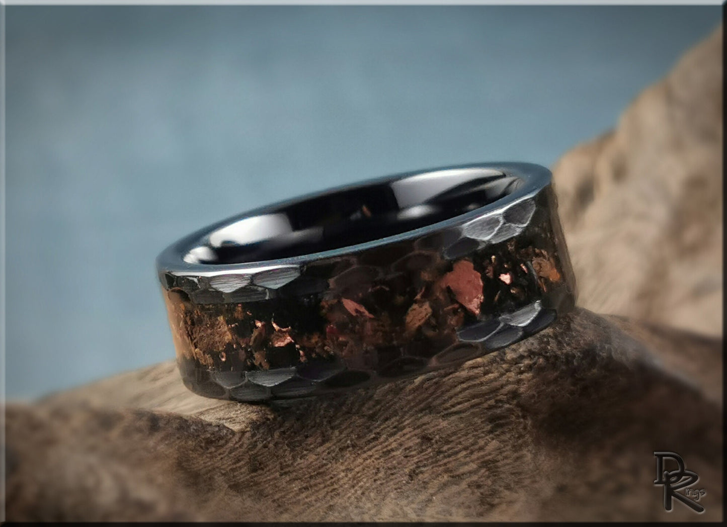 Hammered Black Ceramic Ring w/TruStone and Duckbilled Dino Bone inlay - 8mm ceramic ring