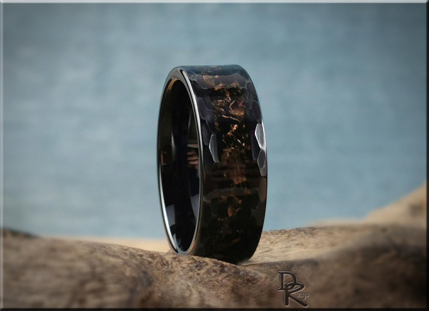 Hammered Black Ceramic Ring w/TruStone and Duckbilled Dino Bone inlay - 8mm ceramic ring