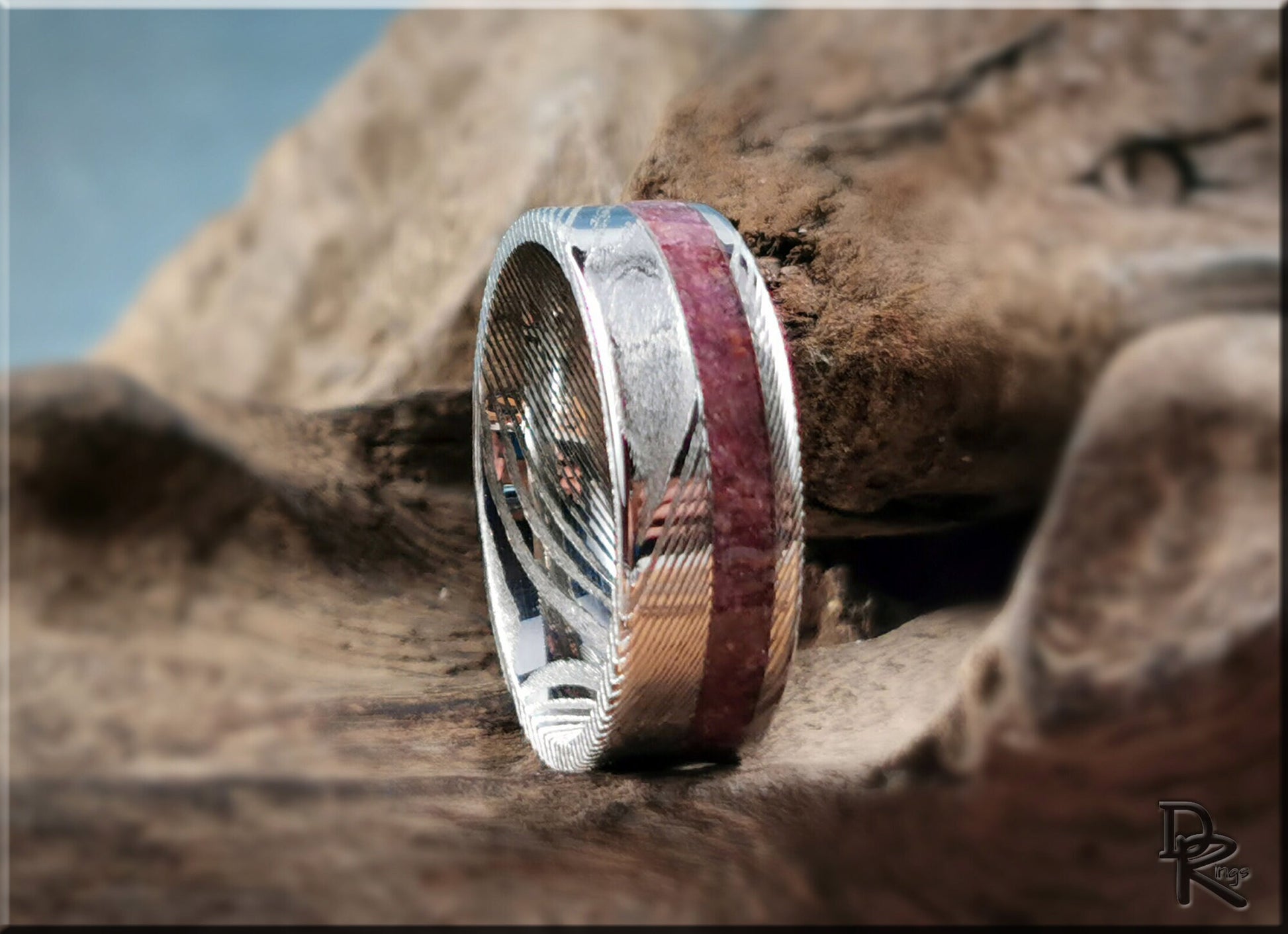 Genuine Damascus Steel Channel Ring w/offset Ruby inlay - metal ring