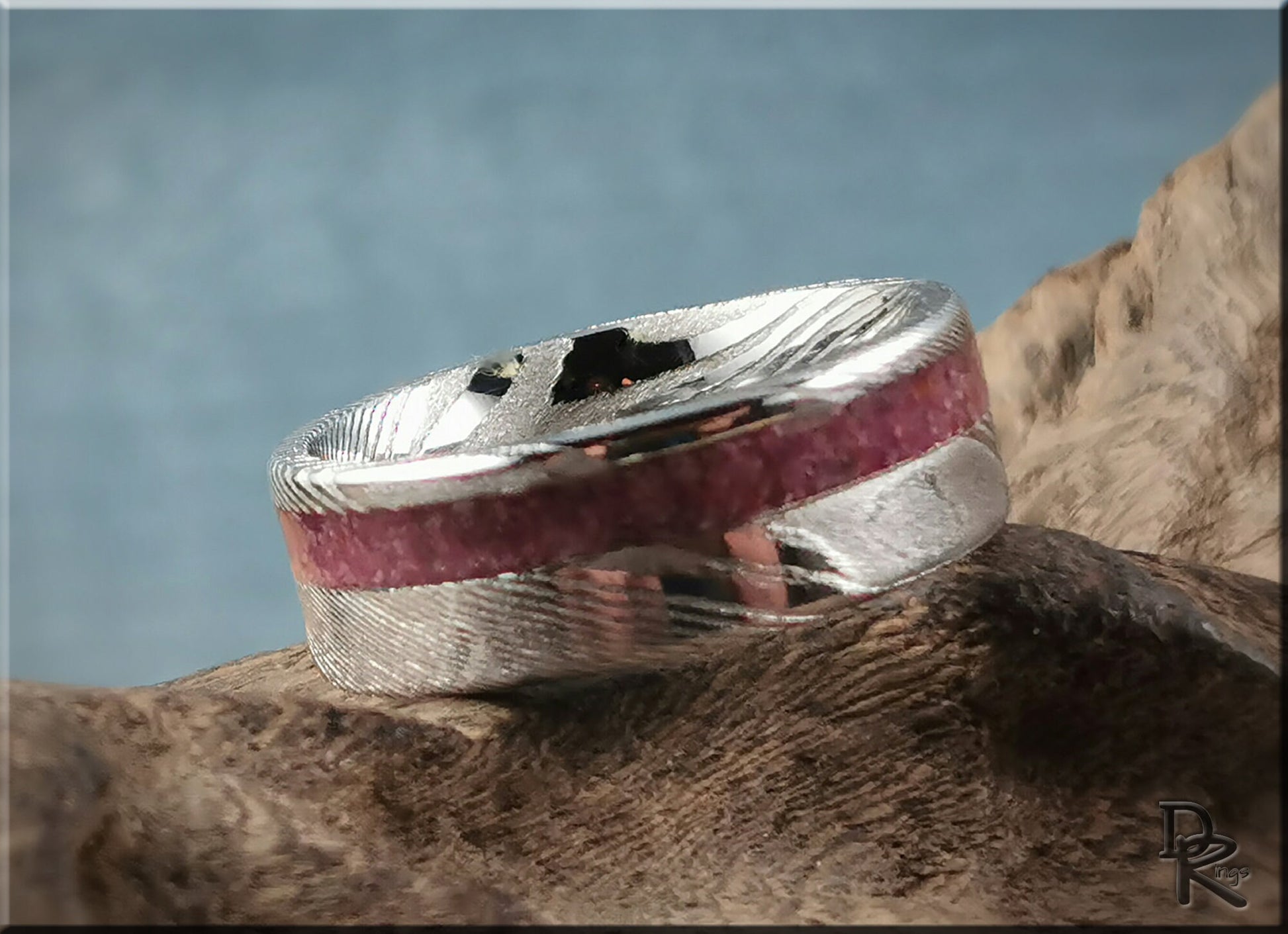 Genuine Damascus Steel Channel Ring w/offset Ruby inlay - metal ring