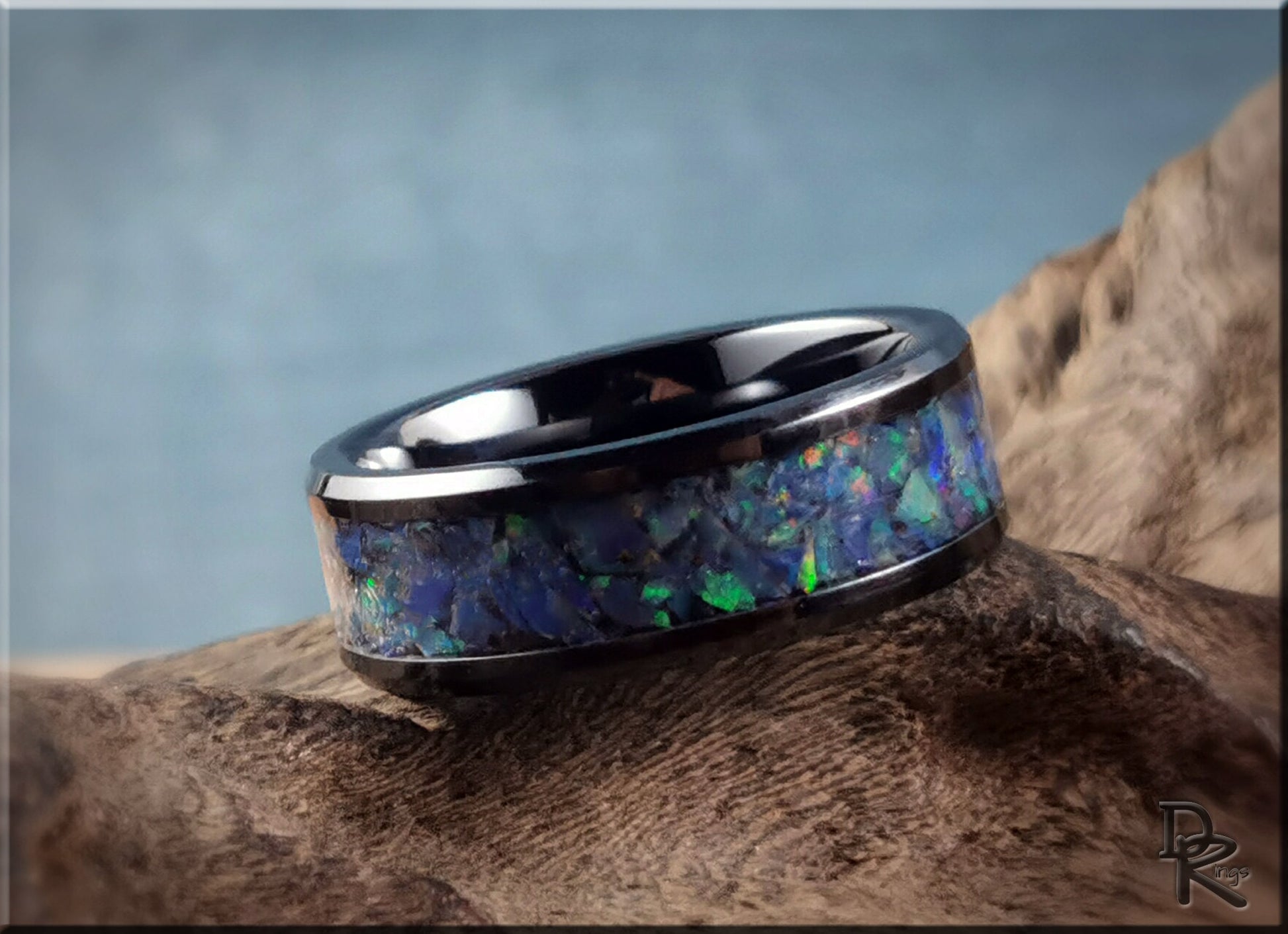 Polished Black Ceramic Channel Ring w/Ethiopian Welo Opal inlay - ceramic ring