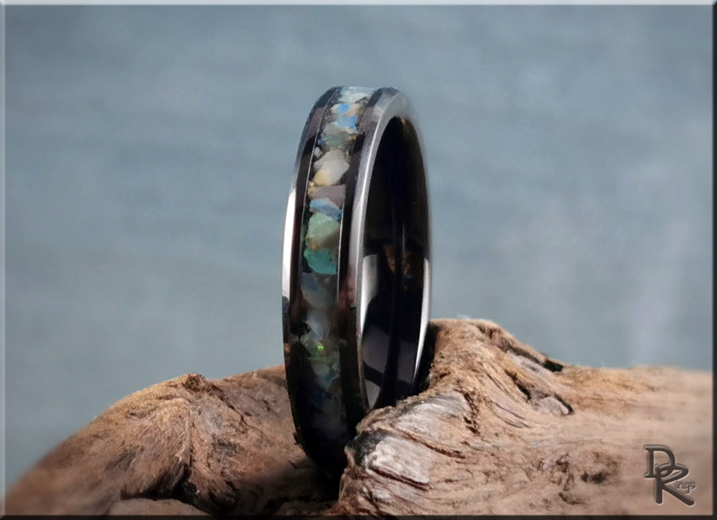 Polished 4mm Black Ceramic Channel Ring w/Australian Cream Opal inlay - ceramic ring
