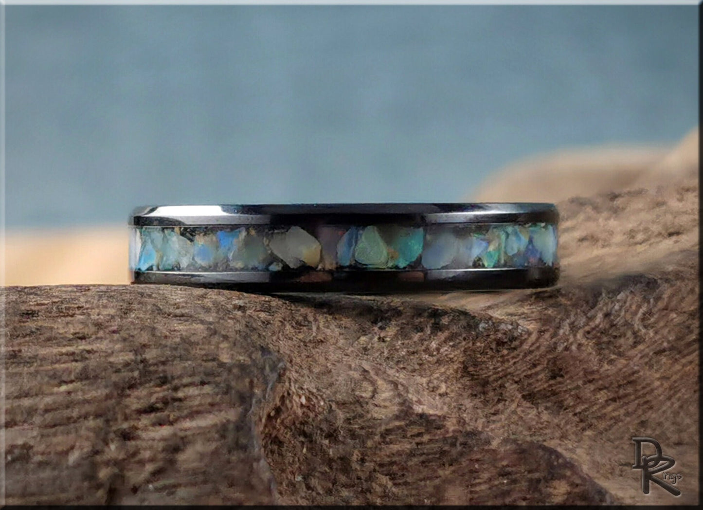 Polished 4mm Black Ceramic Channel Ring w/Australian Cream Opal inlay - ceramic ring