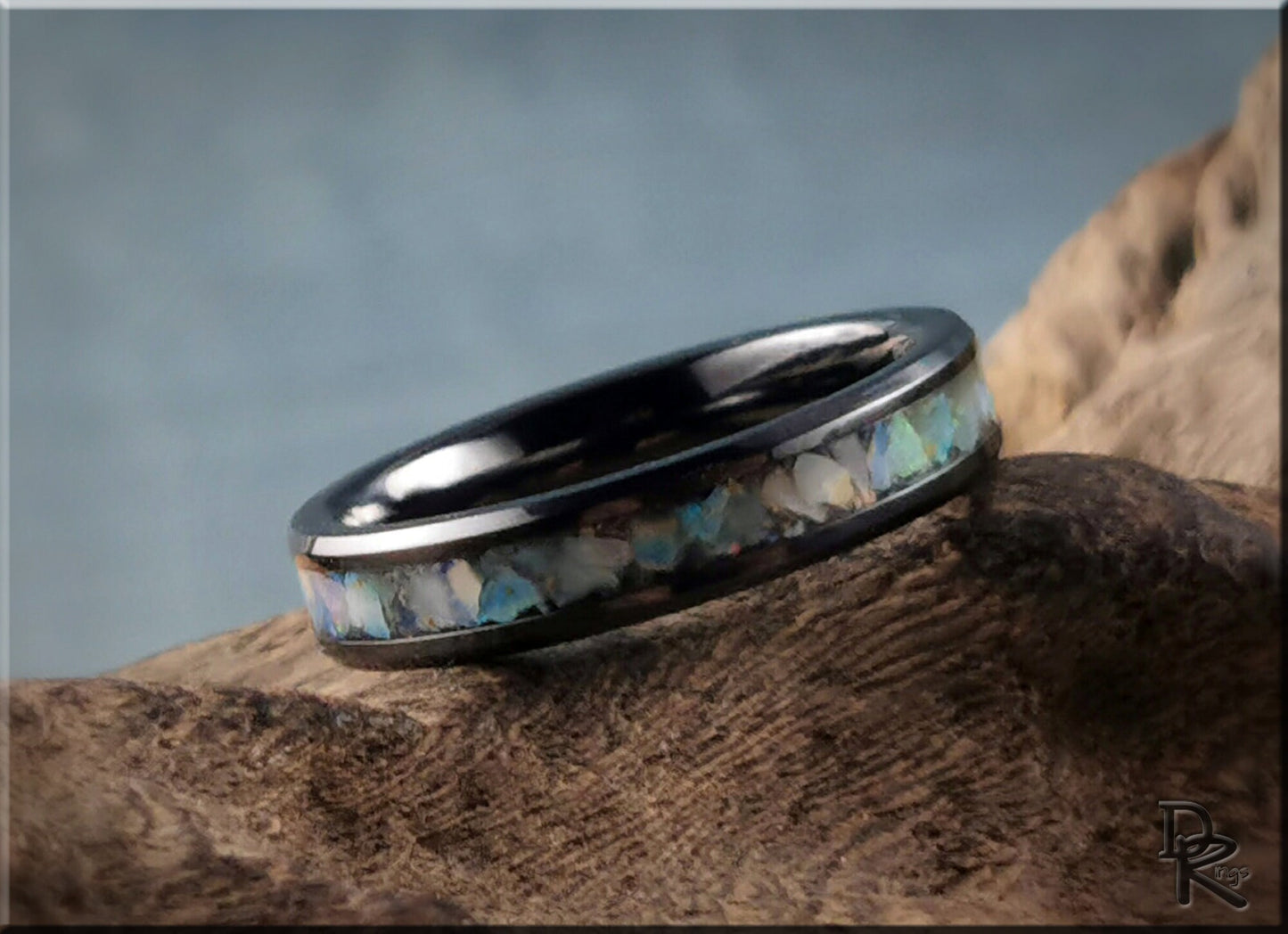 Polished 4mm Black Ceramic Channel Ring w/Australian Cream Opal inlay - ceramic ring