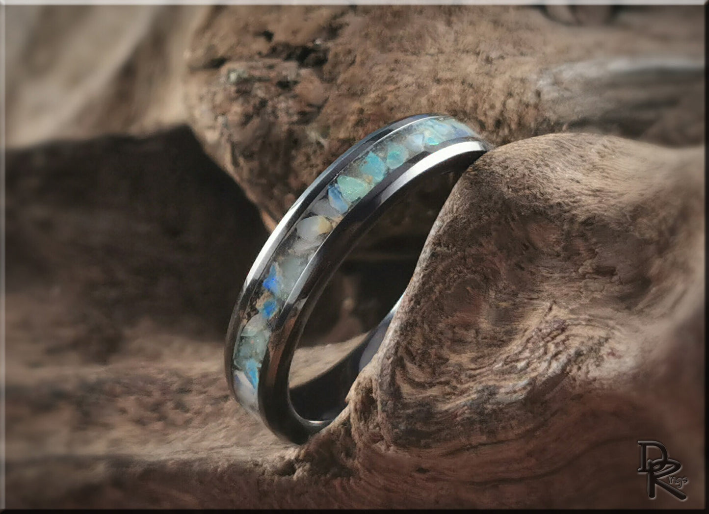 Polished 4mm Black Ceramic Channel Ring w/Australian Cream Opal inlay - ceramic ring