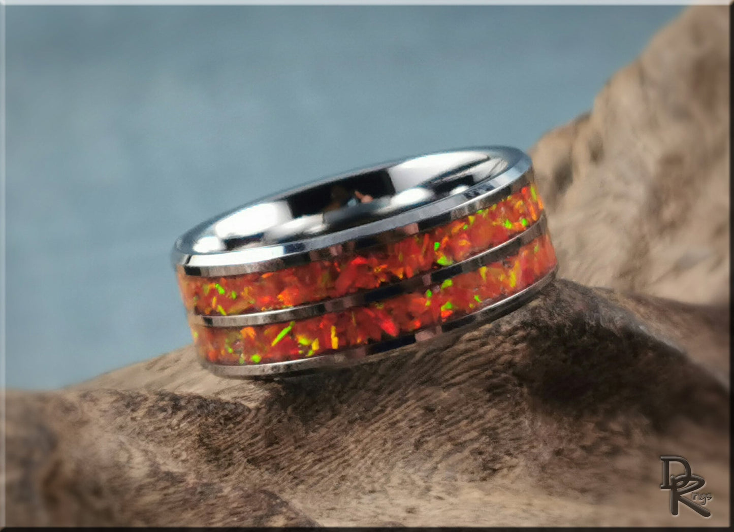 Dual Channel Tungsten Carbide Ring w/Opal inlay - metal ring