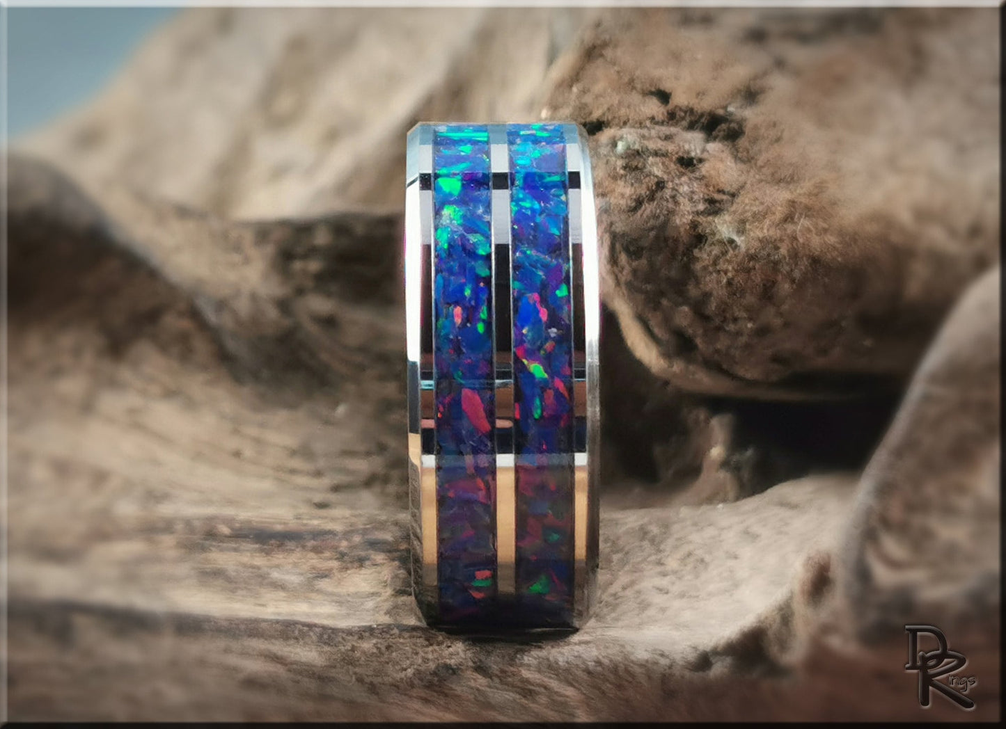 Dual Channel Tungsten Carbide Ring w/Opal inlay - metal ring