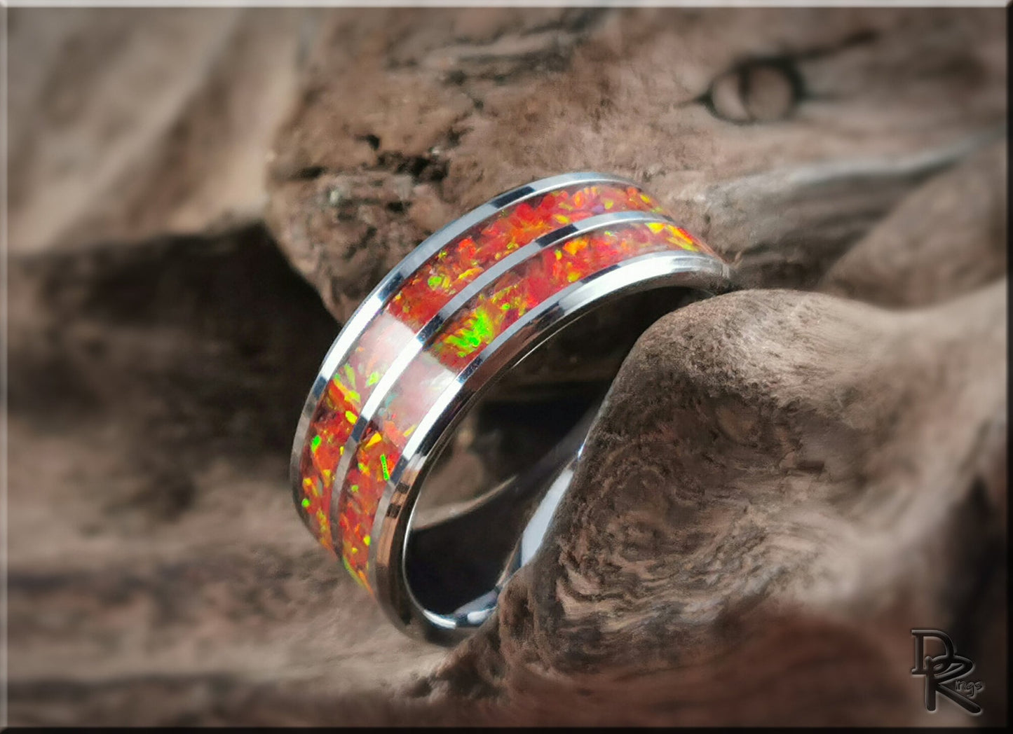 Dual Channel Tungsten Carbide Ring w/Opal inlay - metal ring