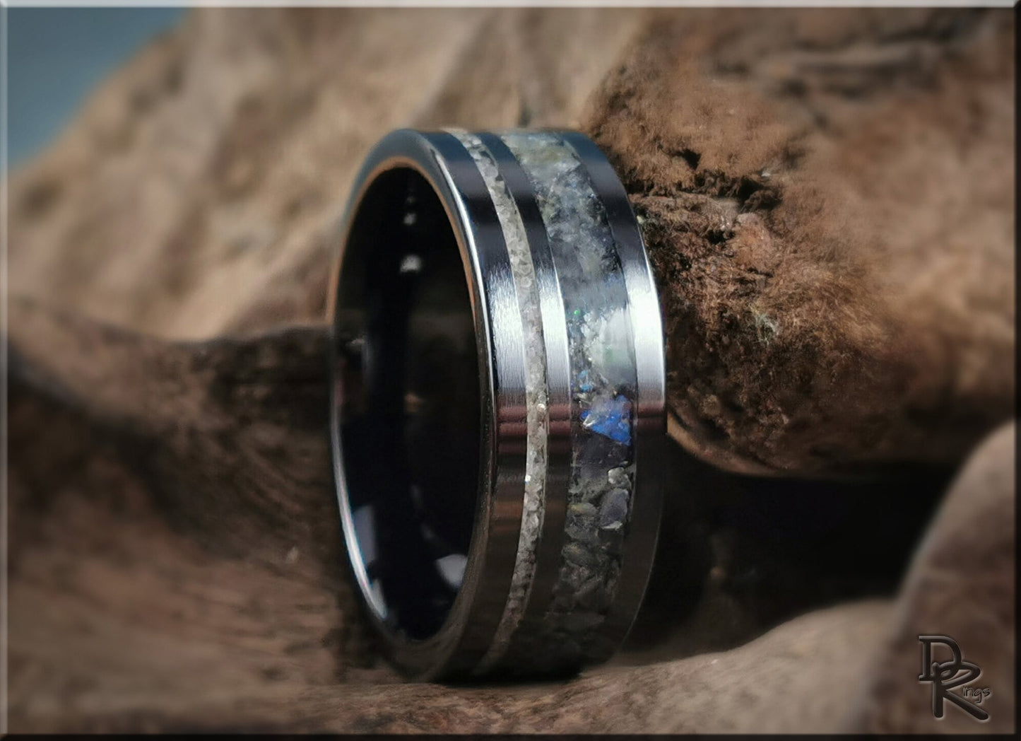 Brushed Black Ceramic Channel Ring w/dual Diamond and Labradorite stone inlays - ceramic ring