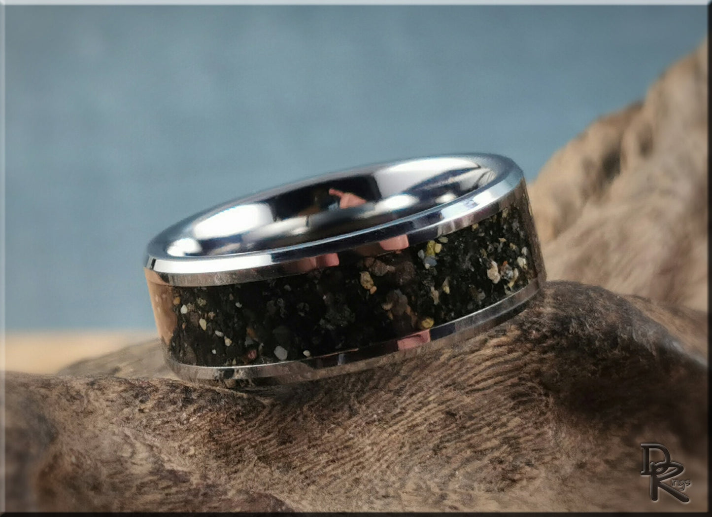Tungsten Carbide Channel Ring w/Fuertaventura Volcanic Sand inlay - metal ring