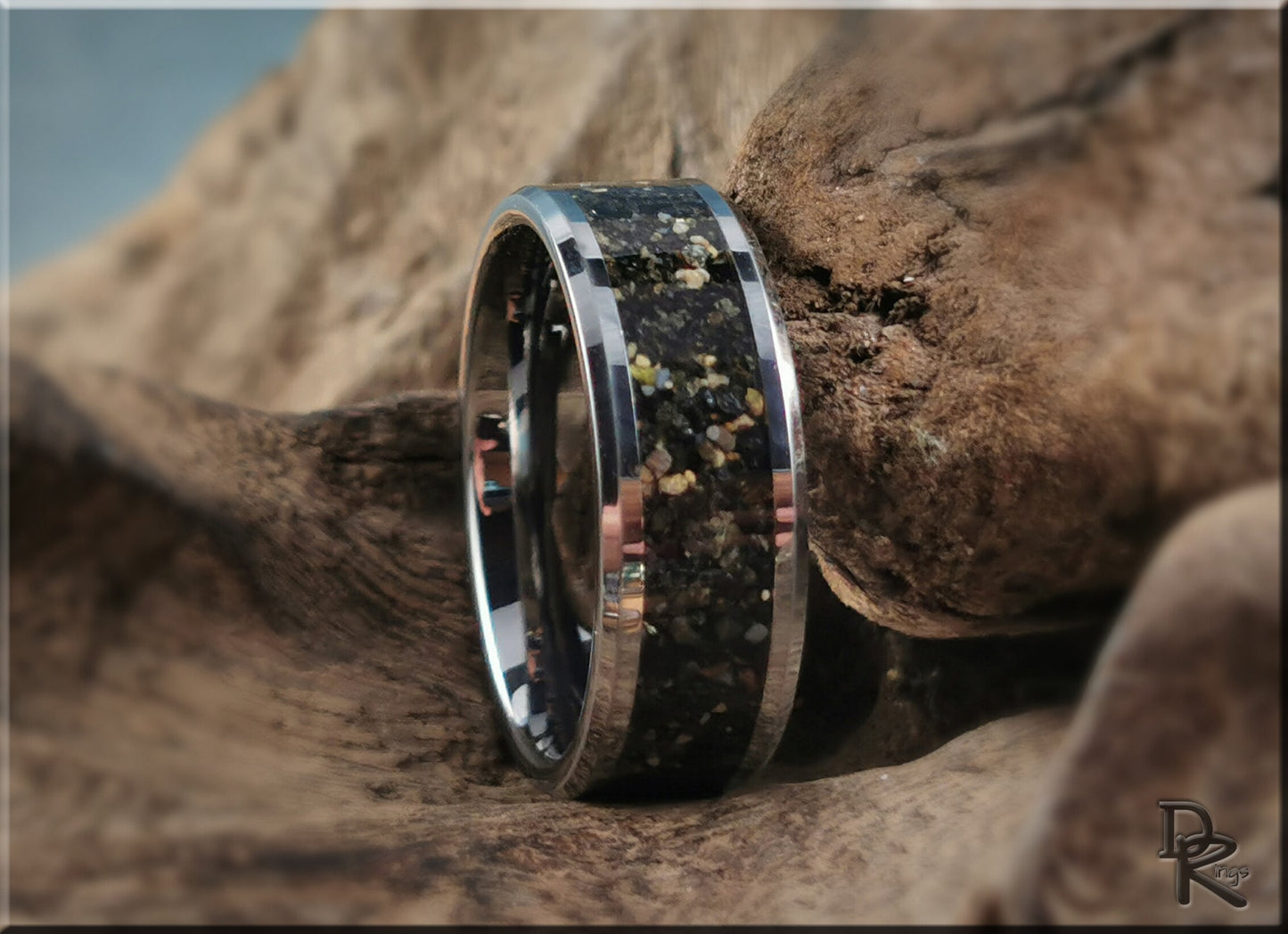 Tungsten Carbide Channel Ring w/Fuertaventura Volcanic Sand inlay - metal ring