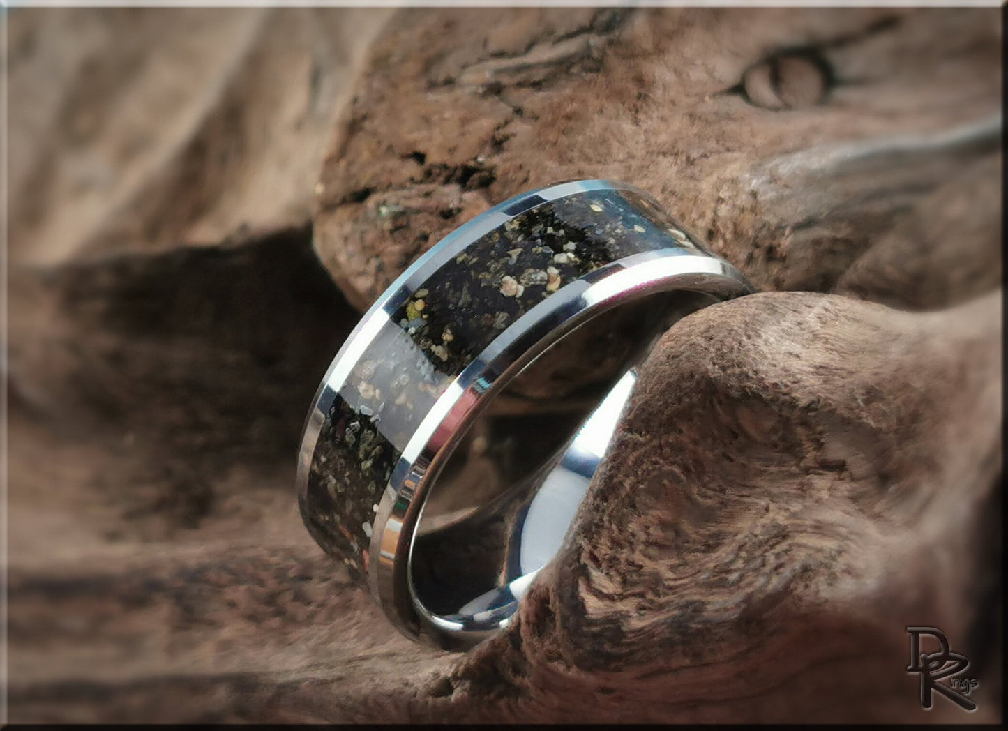 Tungsten Carbide Channel Ring w/Fuertaventura Volcanic Sand inlay - metal ring