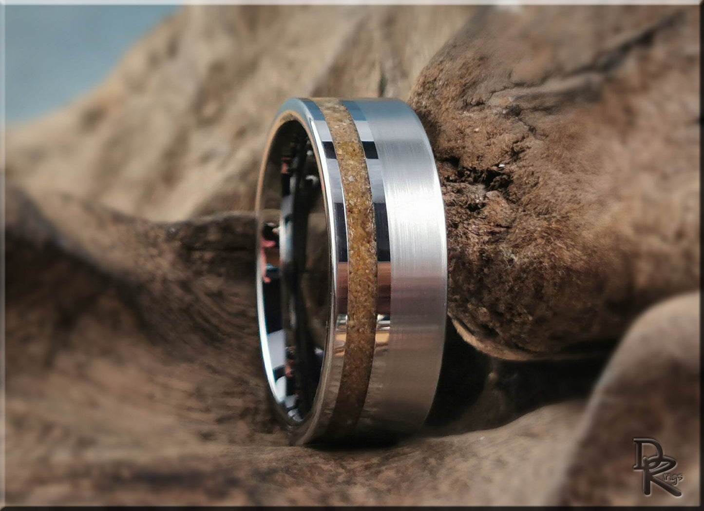 Tungsten Carbide Channel Ring w/offset Great Sand Sea Sand inlay - metal ring