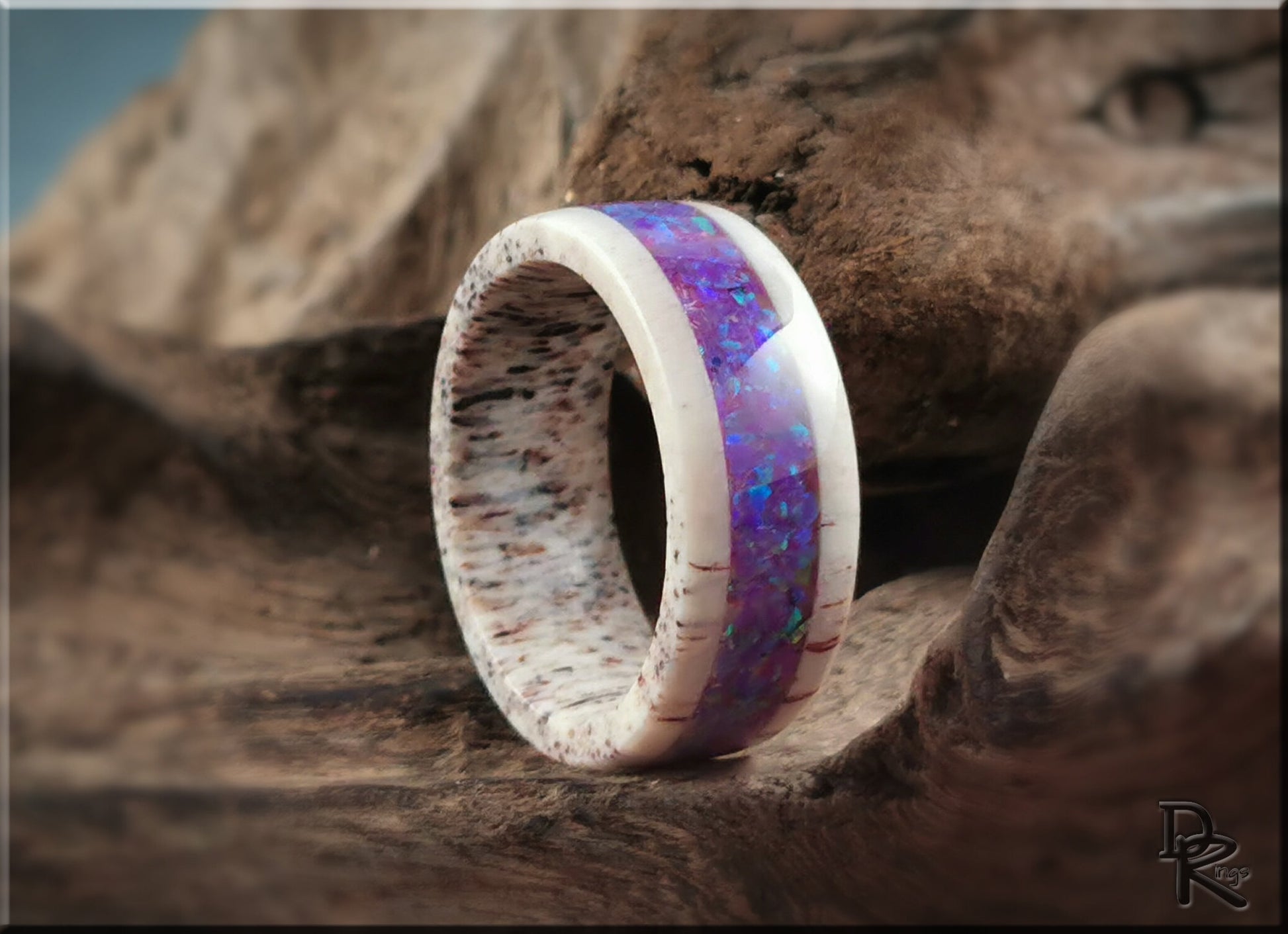 Deer Antler Channel Ring w/Opal inlay - antler ring