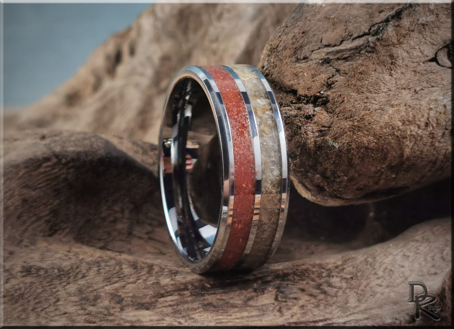 Tungsten Carbide 8mm Dual-Channel Ring with Exotic Fort Kochi and Gilf Kebir Sand inlays - metal ring