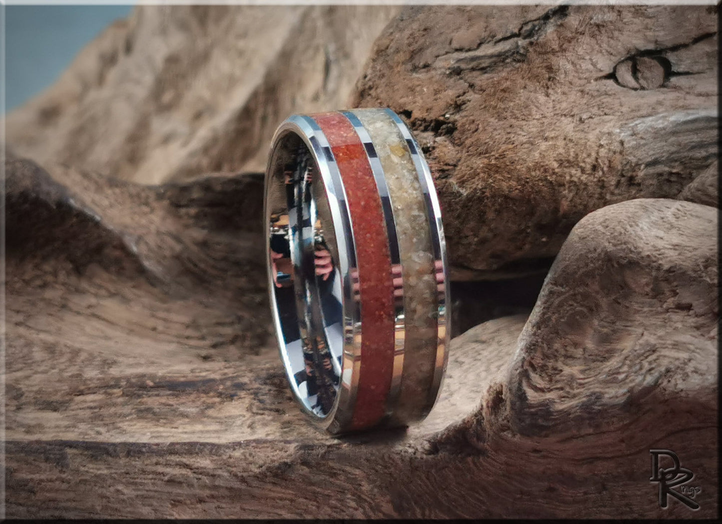 Tungsten Carbide 8mm Dual-Channel Ring with Exotic Fort Kochi and Gilf Kebir Sand inlays - metal ring
