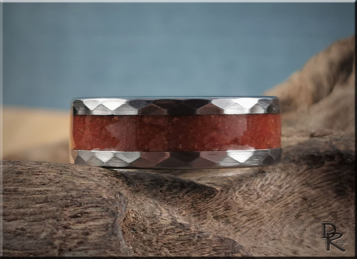 Hammered Tungsten Carbide Ring with exotic Gilf Kebir Sand inlay - metal ring