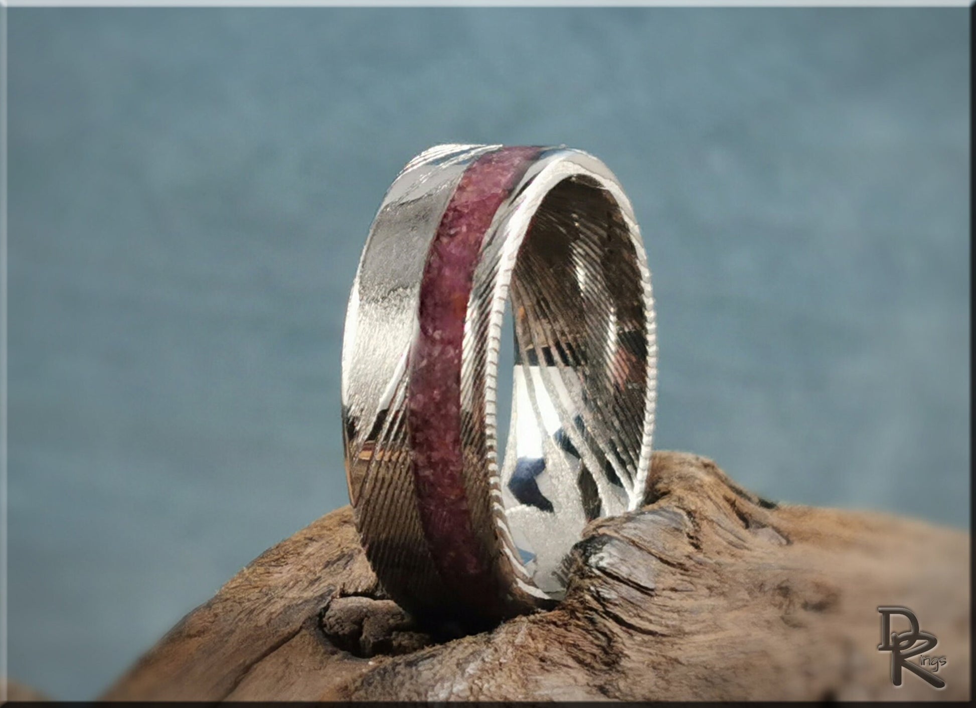 Genuine Damascus Steel Channel Ring w/offset Ruby inlay - metal ring