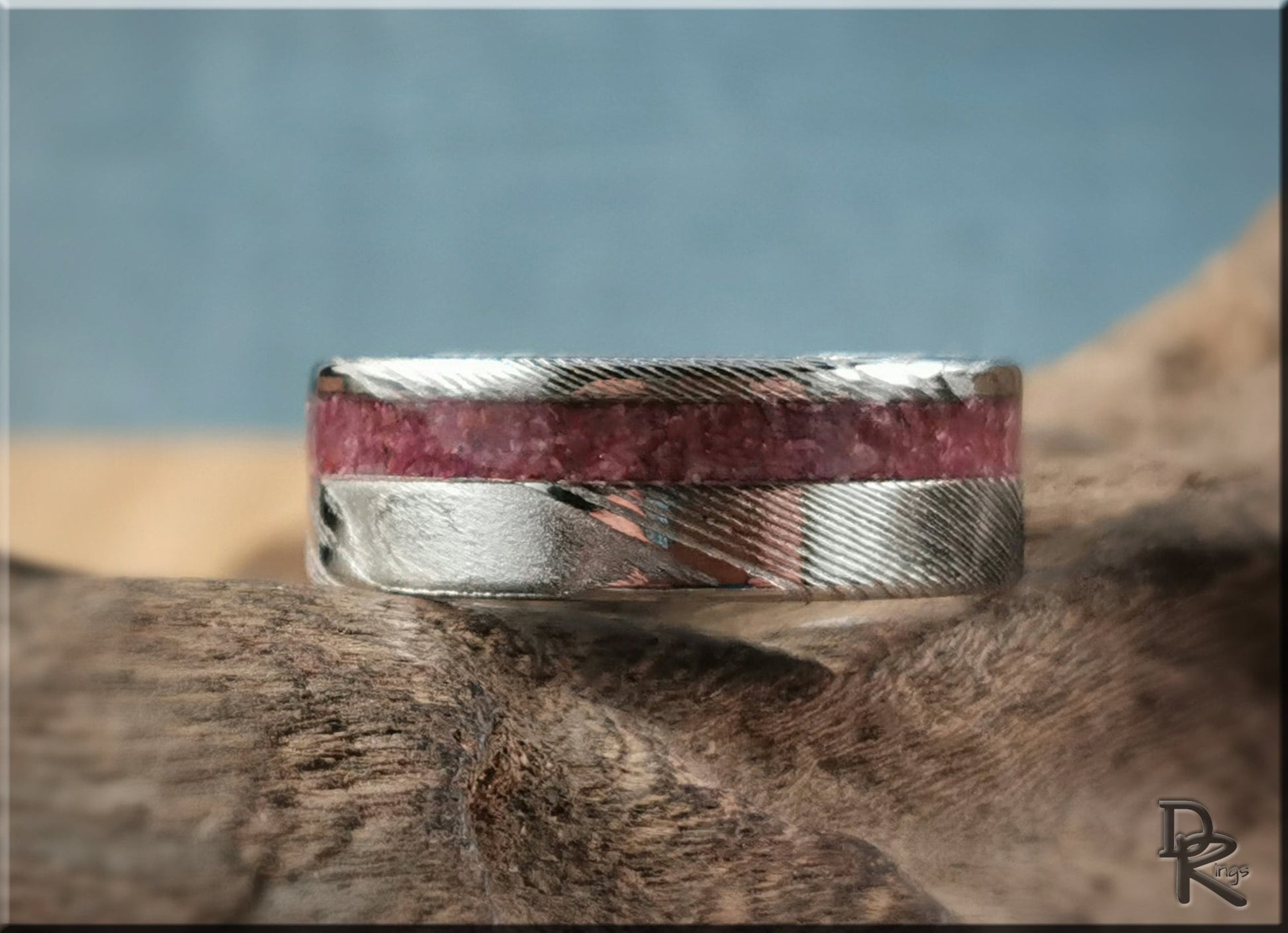 Genuine Damascus Steel Channel Ring w/offset Ruby inlay - metal ring