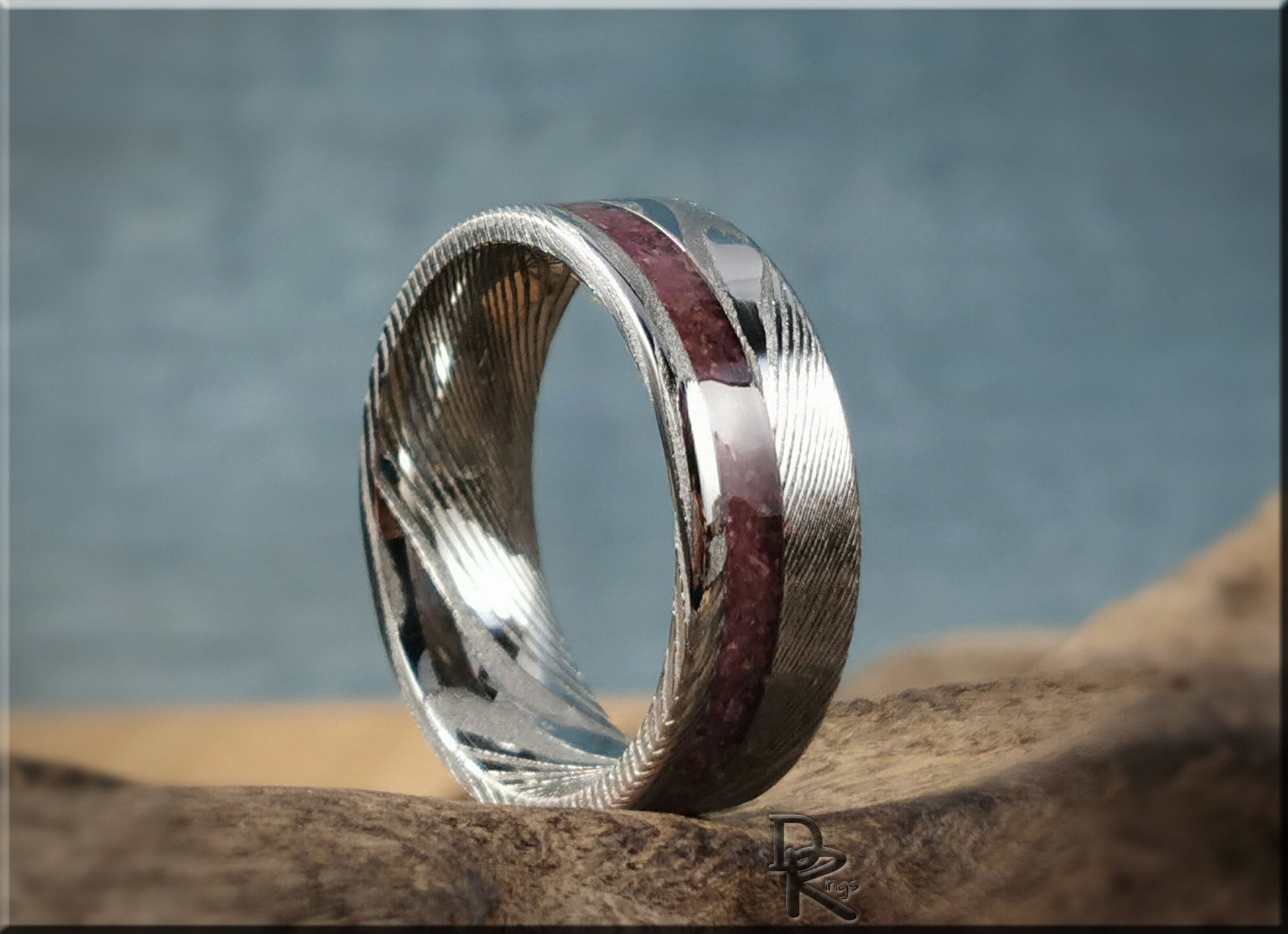 Genuine Damascus Steel Channel Ring w/offset Ruby inlay - metal ring