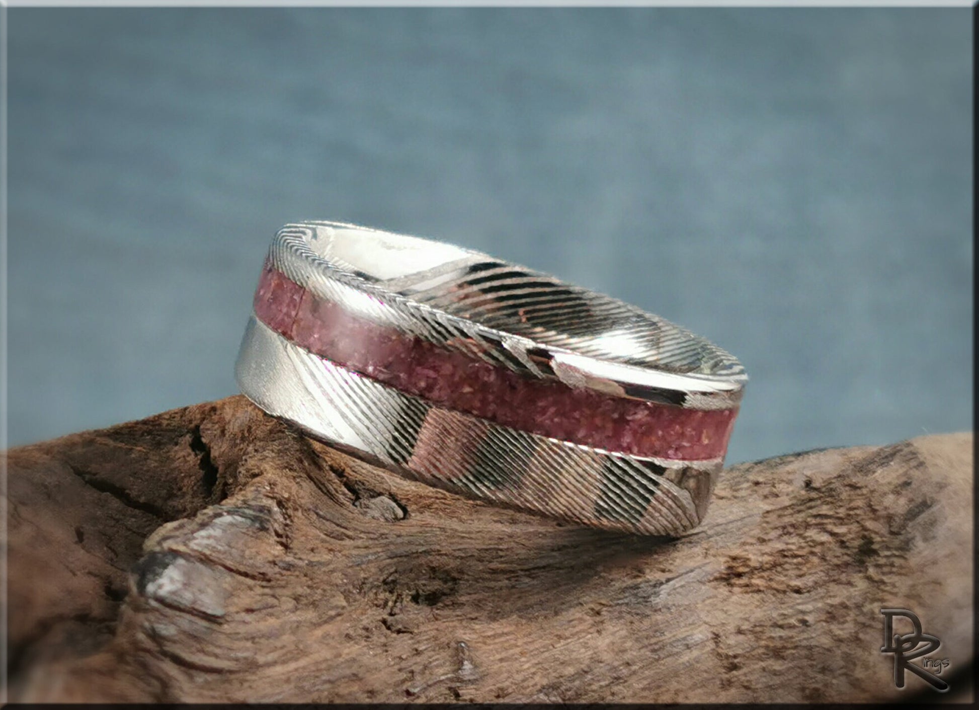 Genuine Damascus Steel Channel Ring w/offset Ruby inlay - metal ring