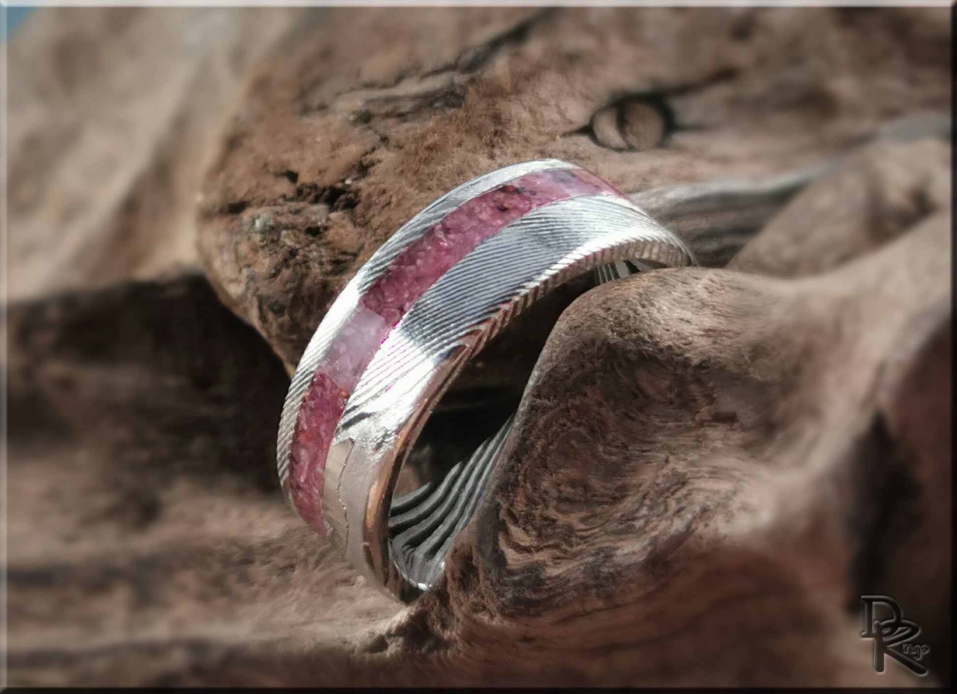 Genuine Damascus Steel Channel Ring w/offset Ruby inlay - metal ring