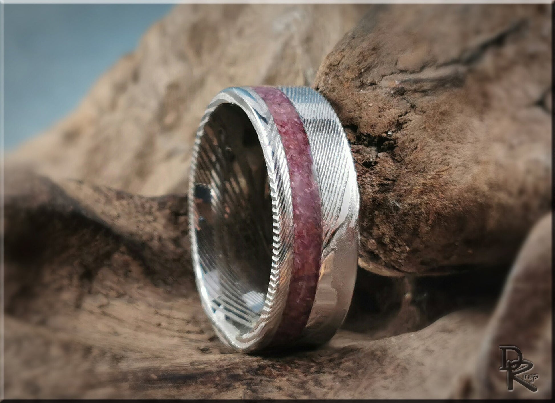 Genuine Damascus Steel Channel Ring w/offset Ruby inlay - metal ring