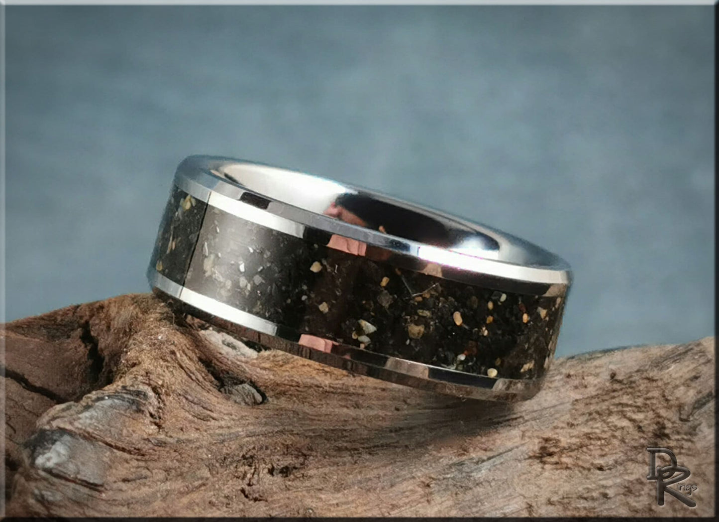 Tungsten Carbide Channel Ring w/Fuertaventura Volcanic Sand inlay - metal ring